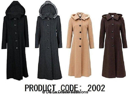Rose Eleusis wool feel faux fur trim hooded long coat for women, featuring a cozy wool blend and stylish fur-lined hood.