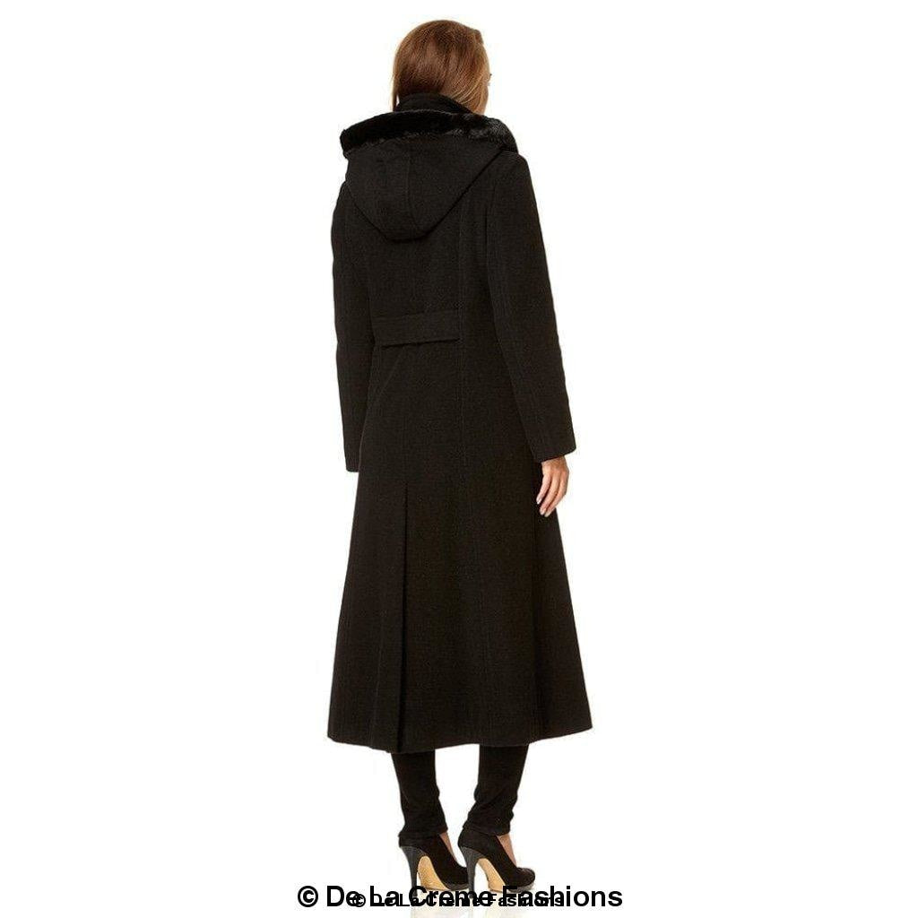 Rose Eleusis wool feel faux fur trim hooded long coat for women, featuring a cozy wool blend and stylish fur-lined hood.