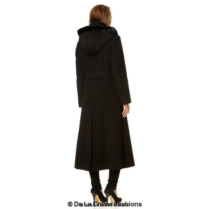 Rose Eleusis wool feel faux fur trim hooded long coat for women, featuring a cozy wool blend and stylish fur-lined hood.