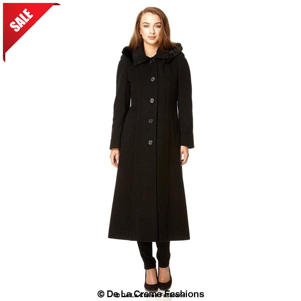 Black Wool Feel Faux Fur Trim Hooded Long Coat by Rose Eleusis, showing the cozy hood and stylish wool blend fabric.