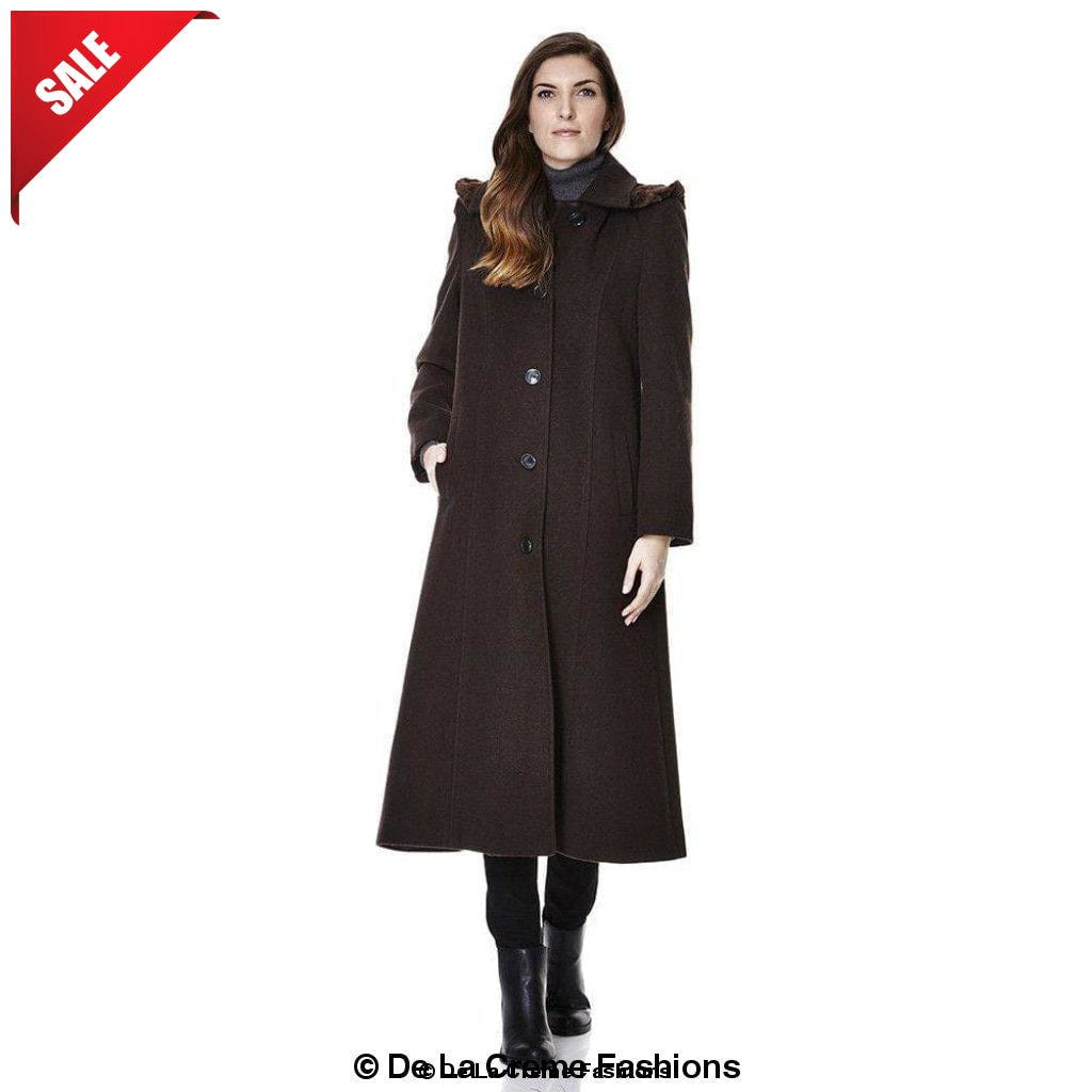 Brown Wool Feel Faux Fur Trim Hooded Long Coat by Rose Eleusis, women&
