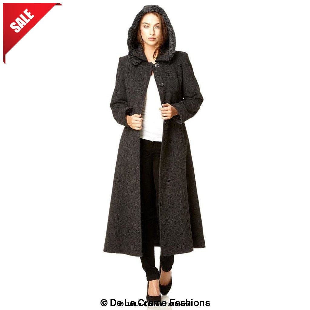 Grey Wool Feel Faux Fur Trim Hooded Long Coat by Rose Eleusis, shown with a hood and tailored fit, suitable for cold weather.