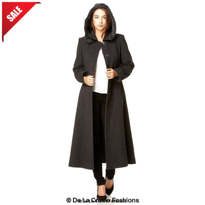 Grey Wool Feel Faux Fur Trim Hooded Long Coat by Rose Eleusis, shown with a hood and tailored fit, suitable for cold weather.