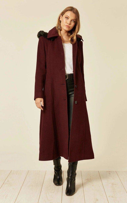 Rose Eleusis wool feel faux fur trim hooded long coat in wine color, featuring a cozy hood and elegant design for women.