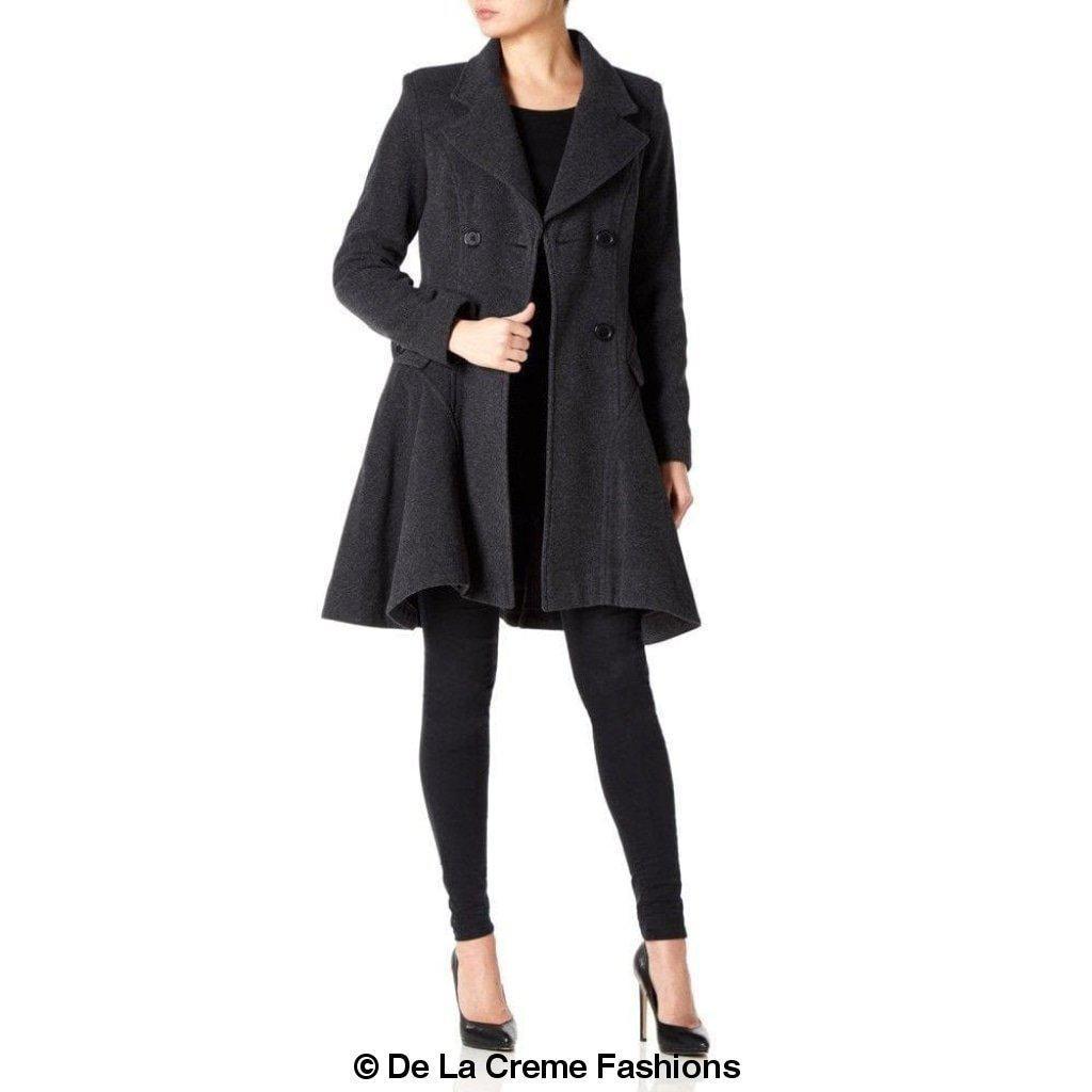 Rose Eleusis wool blend fit and flare double-breasted skater coat for women, stylish jacket with a tailored silhouette.
