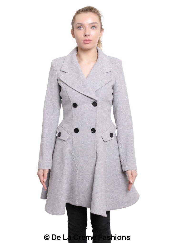Rose Eleusis wool blend fit and flare double-breasted skater coat for women, stylish jacket with tailored design and classic buttons.