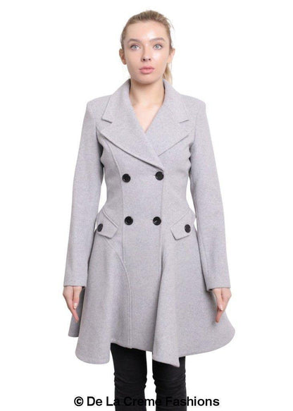 Rose Eleusis wool blend fit and flare double-breasted skater coat for women, stylish jacket with tailored design and classic buttons.