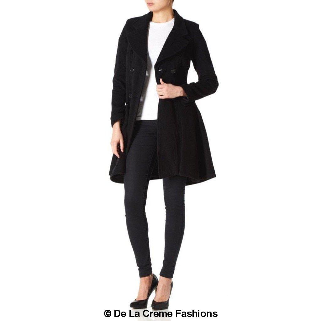 Rose Eleusis wool blend fit and flare double-breasted skater coat for women, shown in a stylish coat with tailored fit and flared skirt.