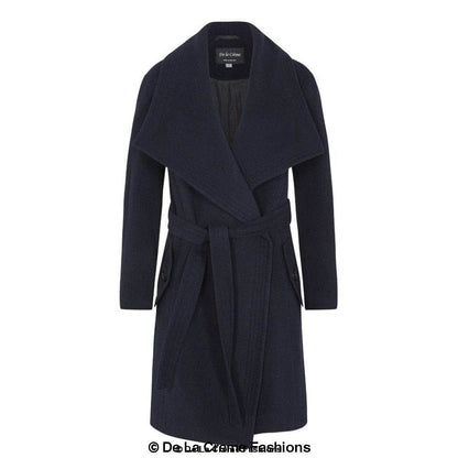 Woman wearing a Rose Eleusis wool blend large lapel duster coat, stylish long jacket with wide lapel collar.