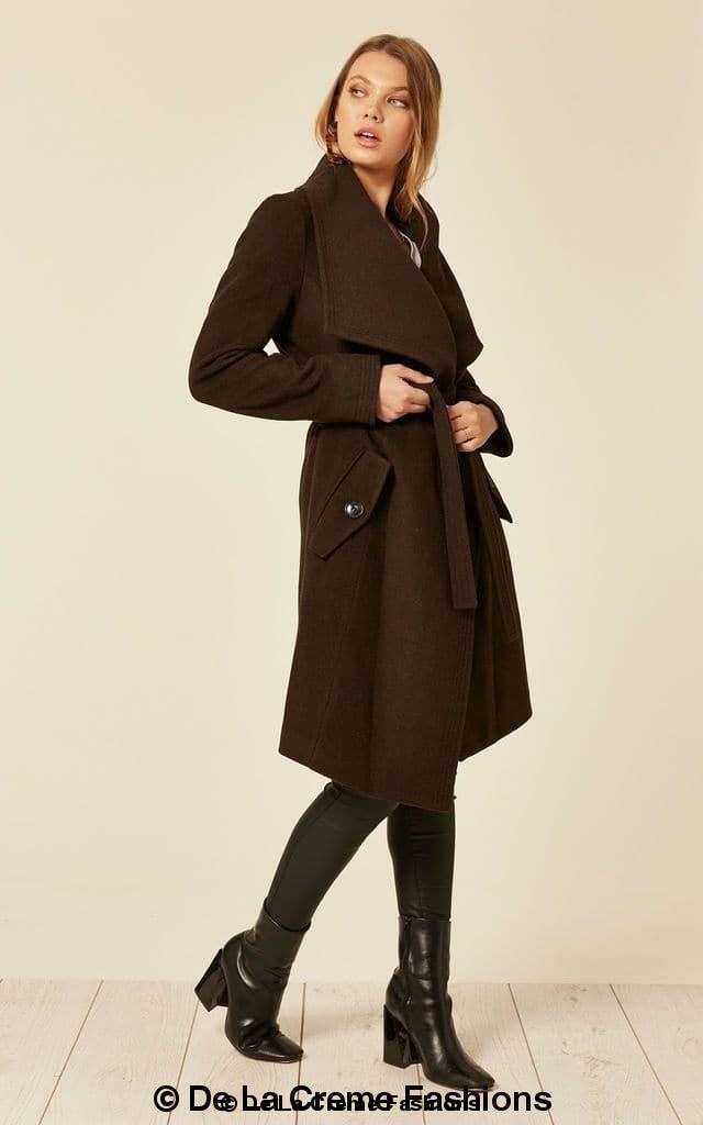 Wool blend large lapel duster coat by Rose Eleusis, shown in a stylish women&