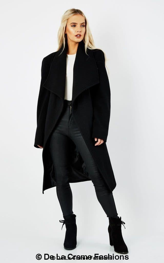 Black wool blend large lapel duster coat by Rose Eleusis, women&
