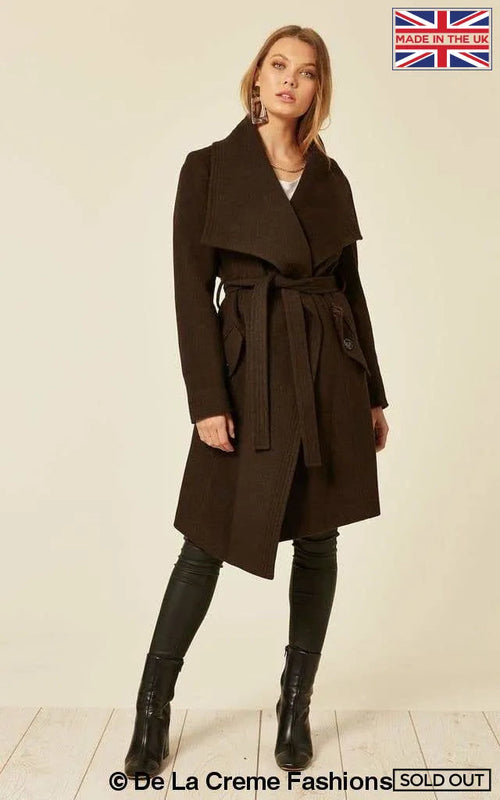 Brown wool blend large lapel duster coat for women by Rose Eleusis, stylish and warm jacket in size 4XS.