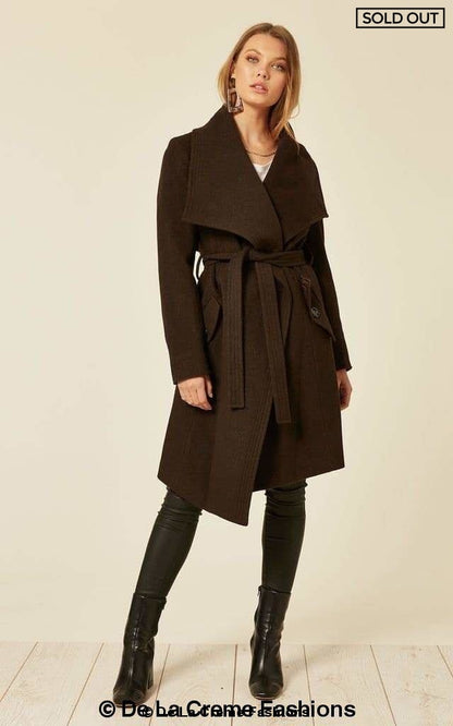 Brown Wool Blend Large Lapel Duster Coat by Rose Eleusis, stylish women&