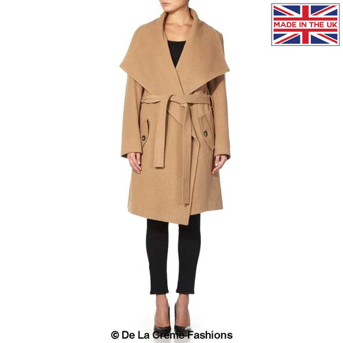 Camel wool blend large lapel duster coat for women by Rose Eleusis, stylish jacket with long sleeves and oversized collar.