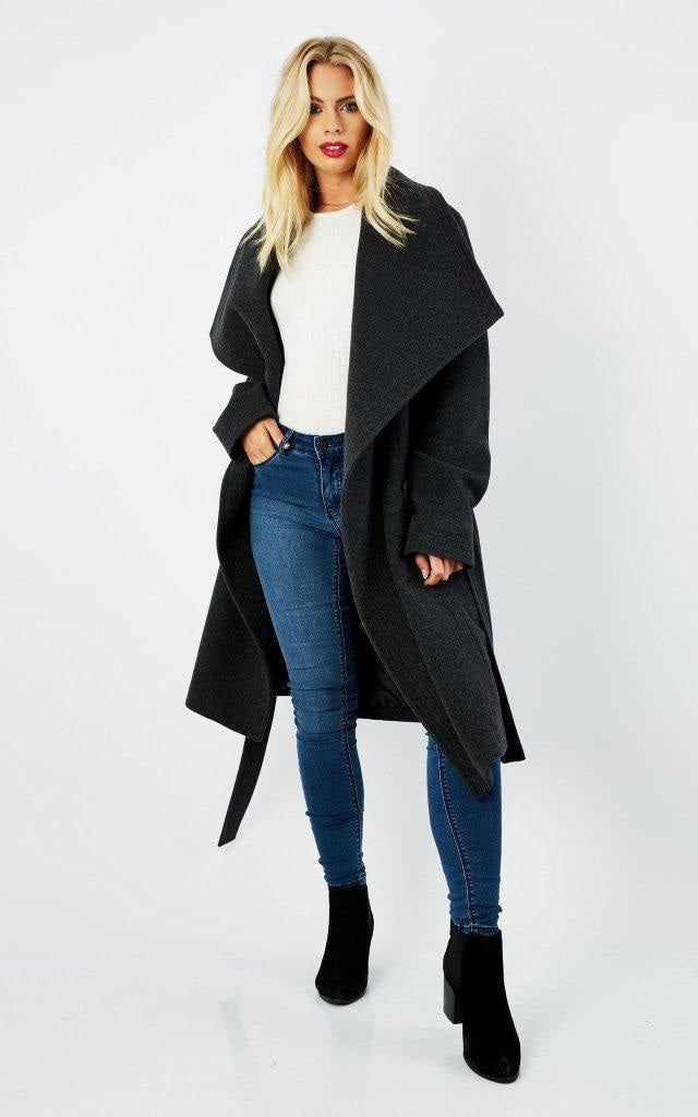 Grey wool blend duster coat with large lapel, stylish jacket for women by Rose Eleusis.