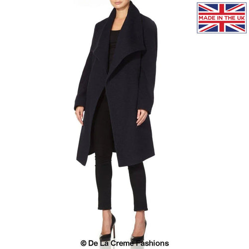 Navy wool blend large lapel duster coat for women by Rose Eleusis, stylish jacket with a tailored fit and long sleeves.