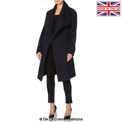 Navy wool blend large lapel duster coat for women by Rose Eleusis, stylish jacket with a tailored fit and long sleeves.