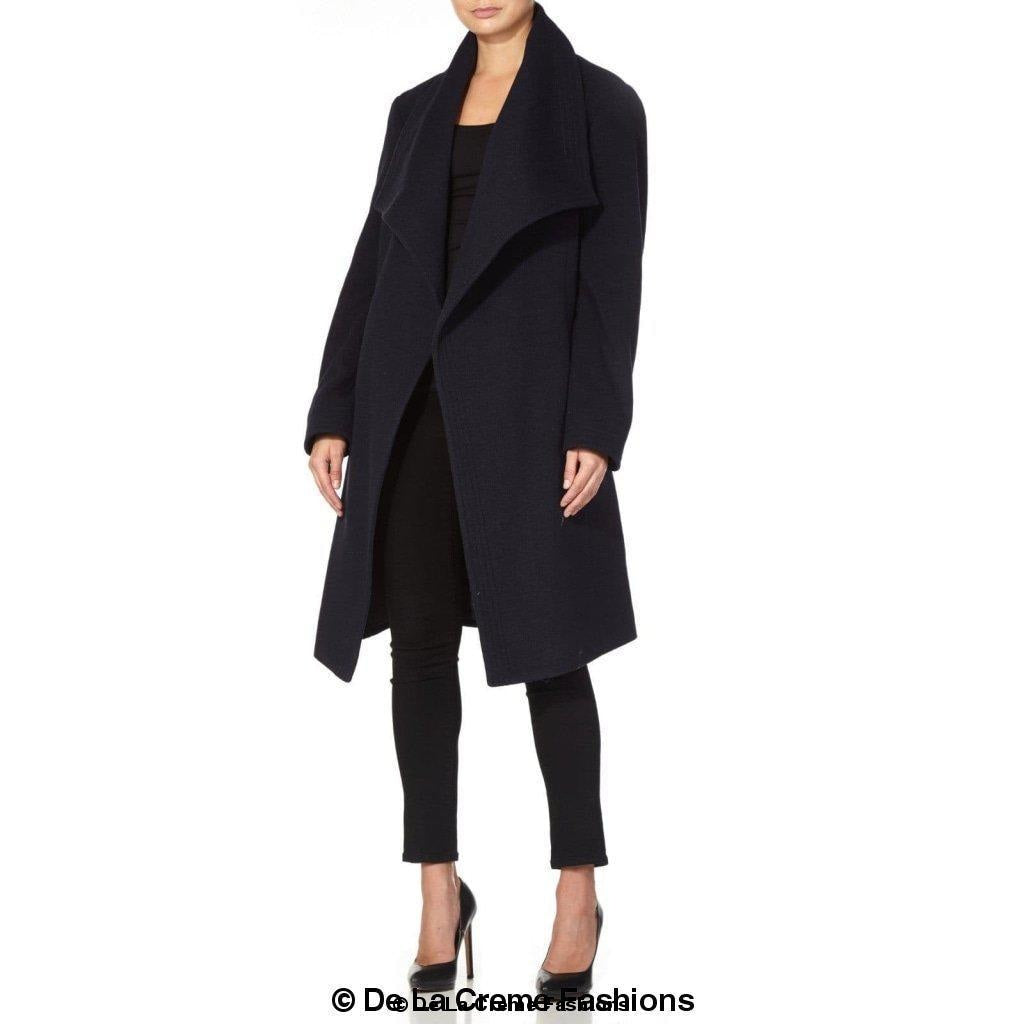 Navy wool blend large lapel duster coat for women by Rose Eleusis, stylish jacket with a long, flowing silhouette.