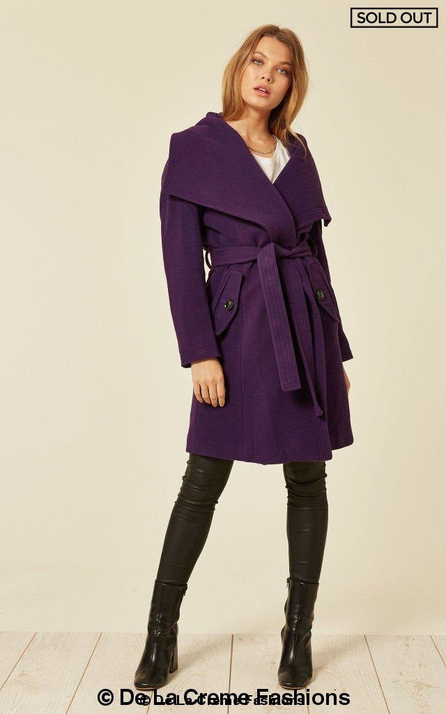 Purple Wool Blend Large Lapel Duster Coat for women by Rose Eleusis, showcasing its stylish collar and tailored fit.