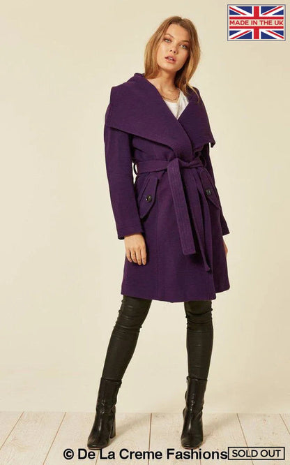 Purple wool blend large lapel duster coat for women by Rose Eleusis, shown on a model, stylish and cozy winter outerwear.