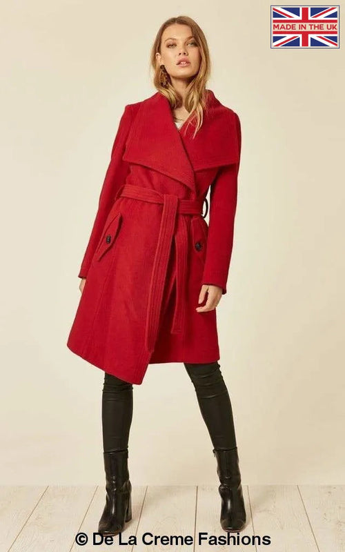 Red wool blend duster coat with large lapel, designed for women, by Rose Eleusis, stylish jackets and coats for cold weather.