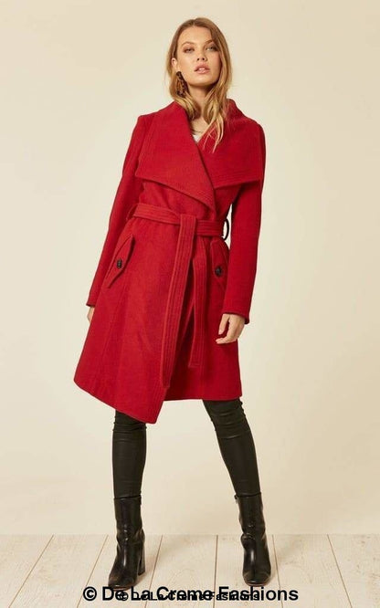 Red wool blend large lapel duster coat for women by Rose Eleusis, stylish jacket with a classic collar and long sleeves.
