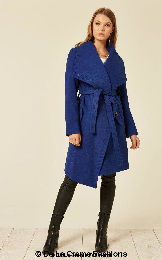 Royal blue Wool Blend Large Lapel Duster Coat by Rose Eleusis, stylish women&
