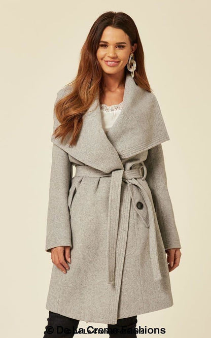 Silver wool blend large lapel duster coat for women, stylish Rose Eleusis jacket in a fitted, long coat design.