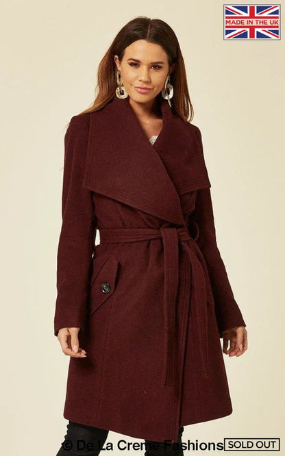 Wine-colored Wool Blend Large Lapel Duster Coat for women by Rose Eleusis, shown on a model, stylish and cozy winter jacket