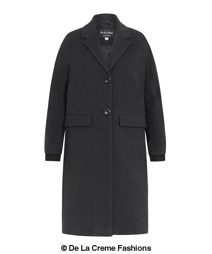 Womens wool blend knee-length winter coat by Rose Eleusis, warm and stylish jacket for cold weather, in a plush, cozy fabric.
