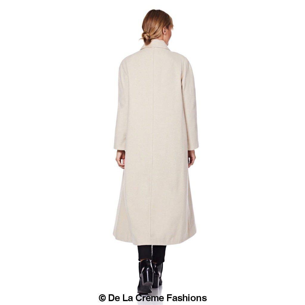 Plus size long coat by Rose Eleusis, made of wool and cashmere blend, shown in a stylish, cozy design.