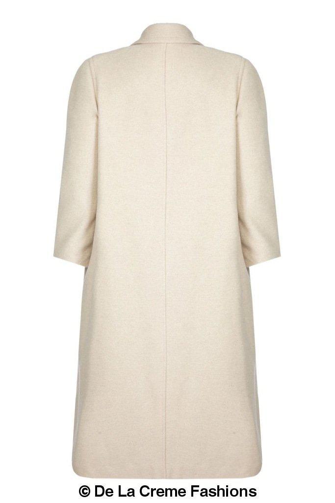 Plus size long coat by Rose Eleusis, made of wool and cashmere blend, shown in a stylish, full-length view.