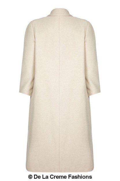 Plus size long coat by Rose Eleusis, made of wool and cashmere blend, shown in a stylish, full-length view.