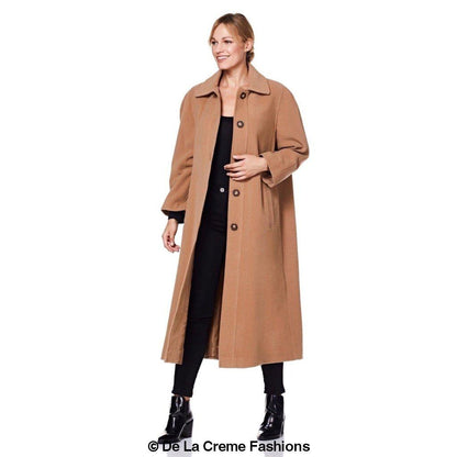 Plus size long coat from Rose Eleusis, made of wool and cashmere blend, shown in a stylish, tailored design.