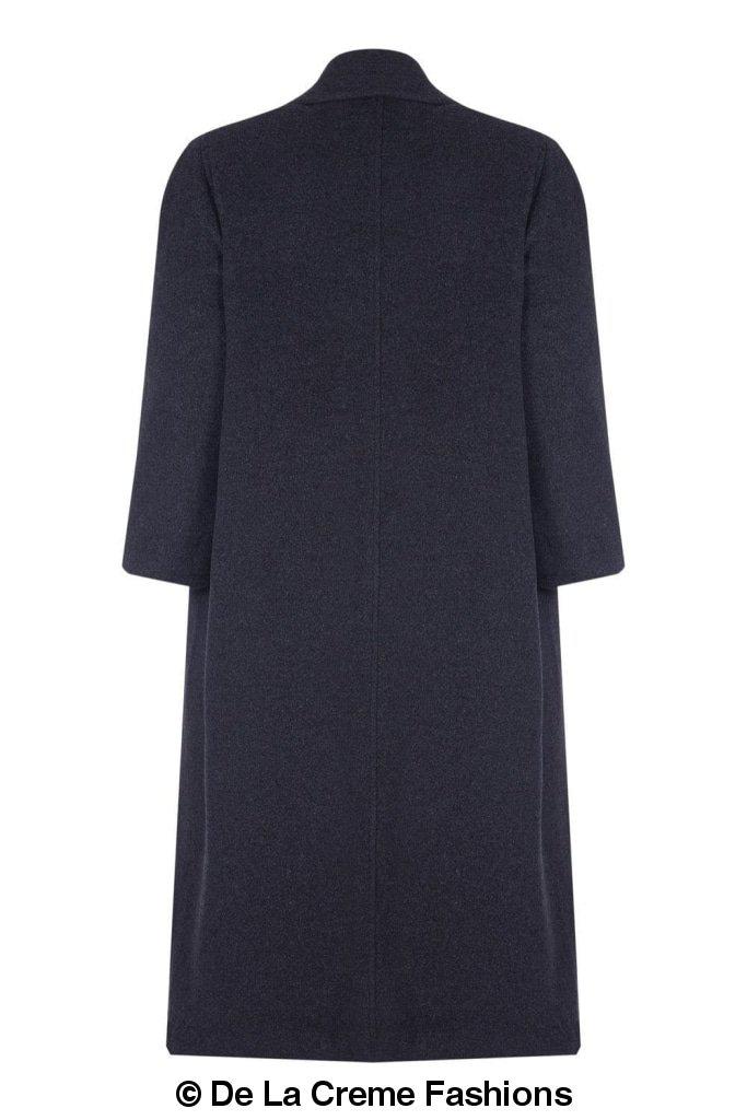 Plus size long coat by Rose Eleusis made of wool and cashmere blend, shown in a stylish, tailored design with a neutral color.