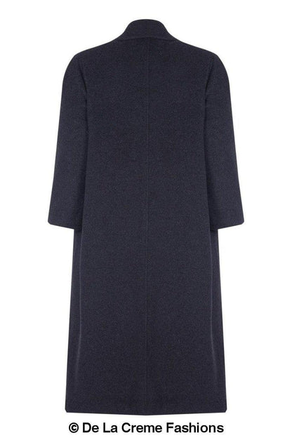 Plus size long coat by Rose Eleusis made of wool and cashmere blend, shown in a stylish, tailored design with a neutral color.