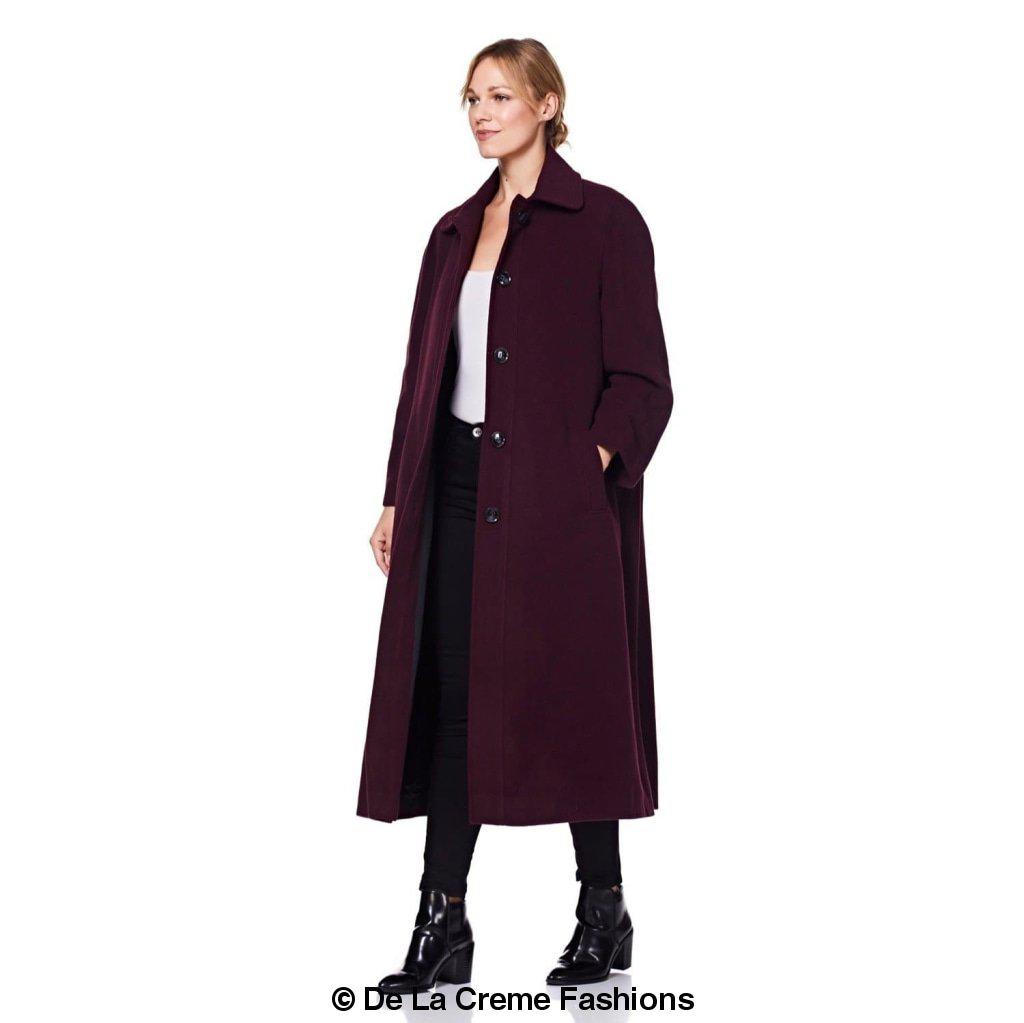 Plus size long coat by Rose Eleusis, made of wool and cashmere blend, shown in a stylish, tailored design for women.