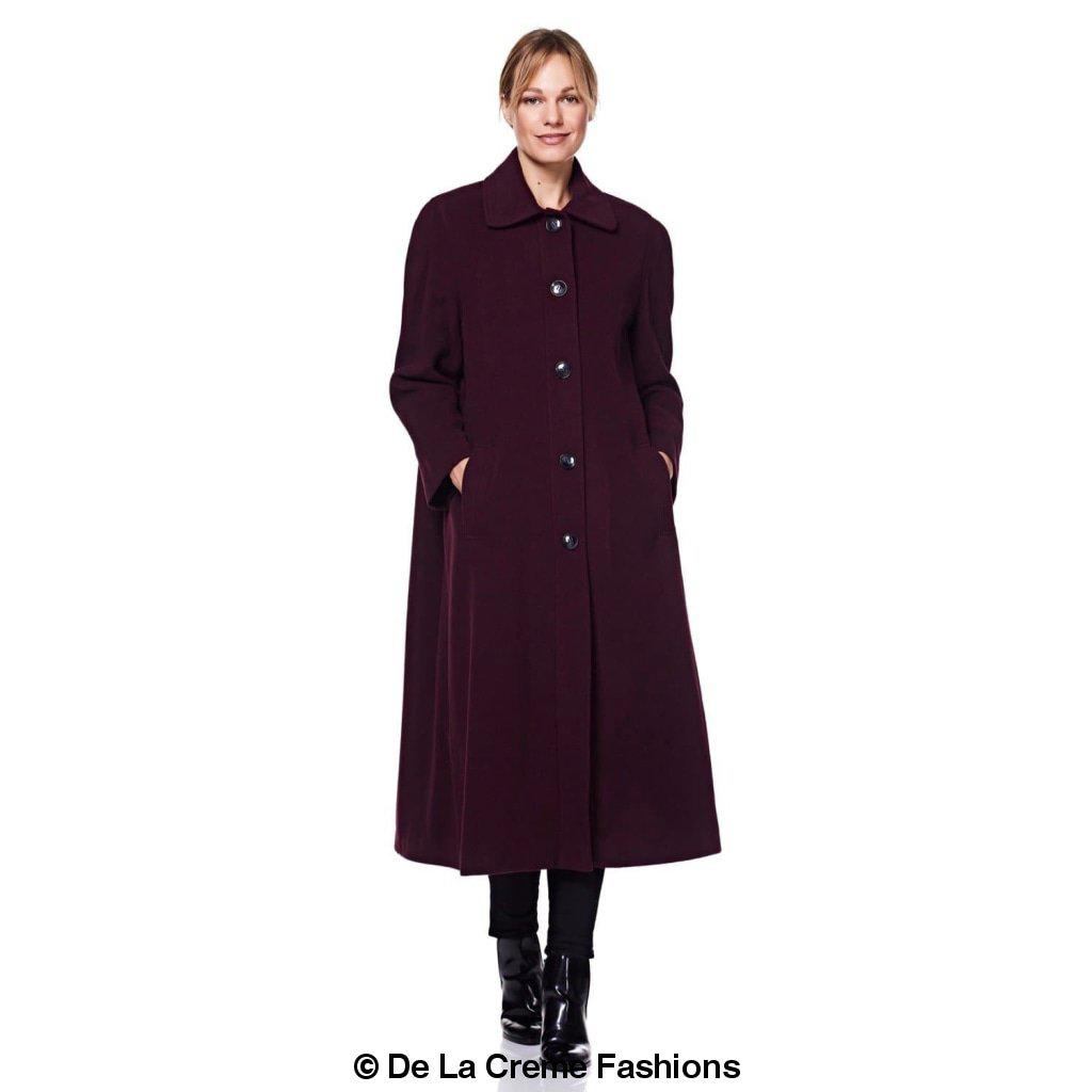 Plus size long coat by Rose Eleusis, made of wool and cashmere blend, shown in a stylish, cozy jacket with a tailored fit.