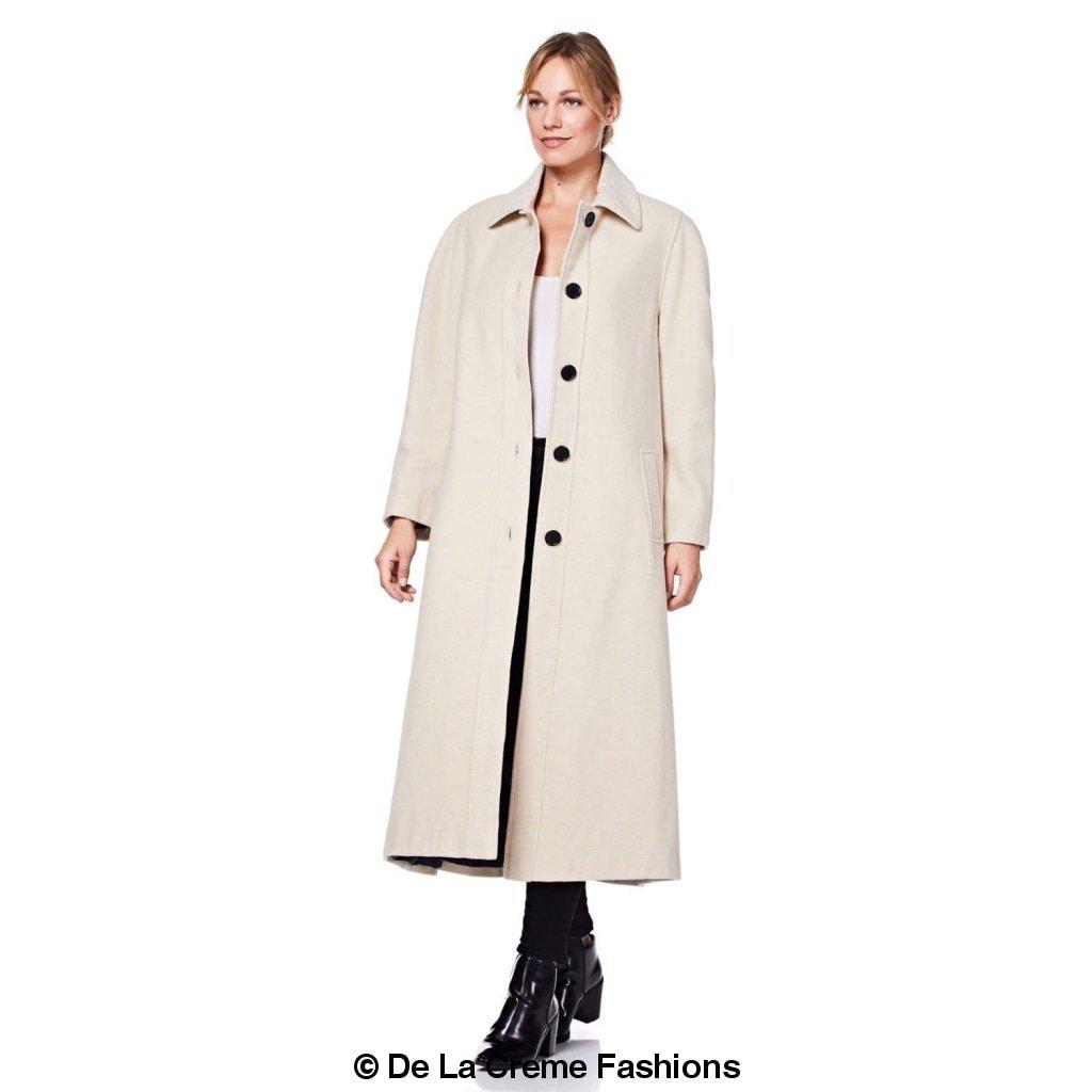 Plus size long coat made of wool and cashmere blend by Rose Eleusis, shown in a stylish, tailored design.
