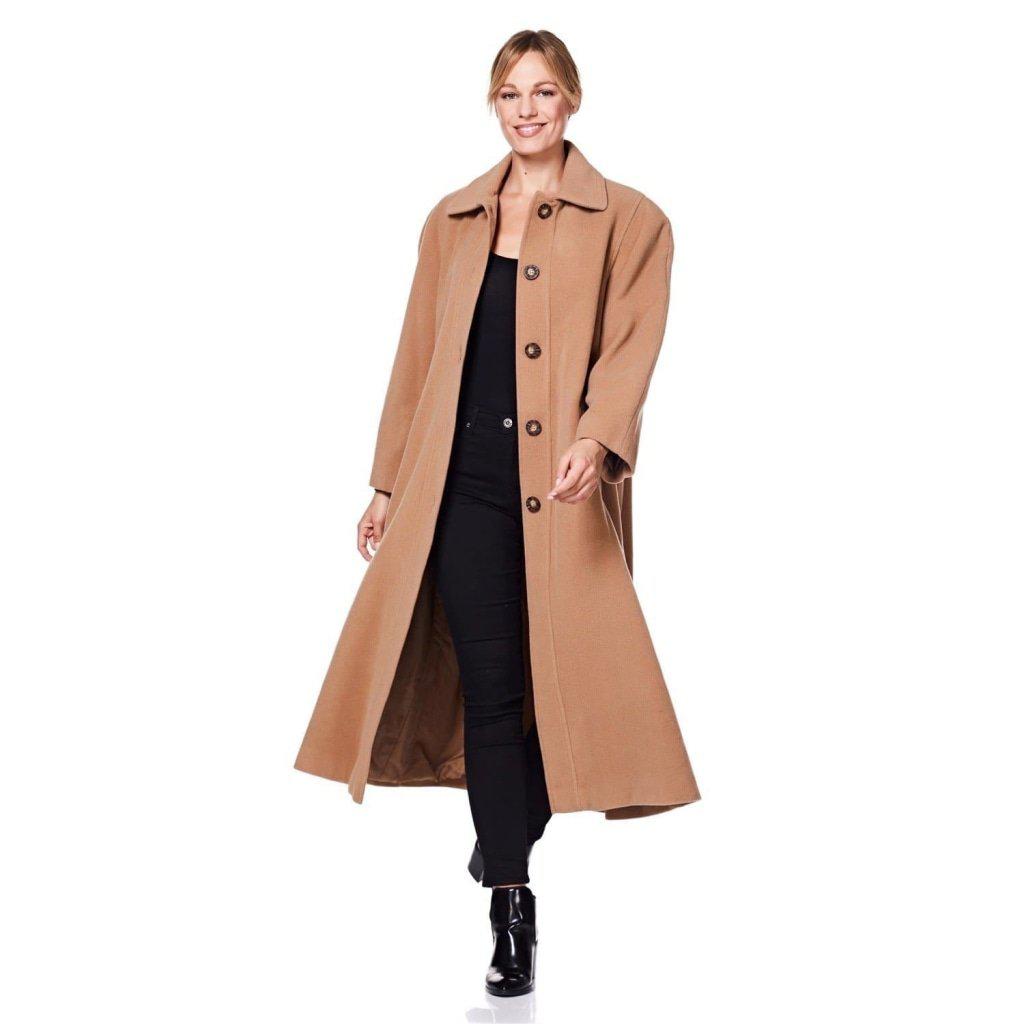 Plus size long coat by Rose Eleusis, made of wool and cashmere blend, shown in a stylish, tailored design perfect for cold weather.