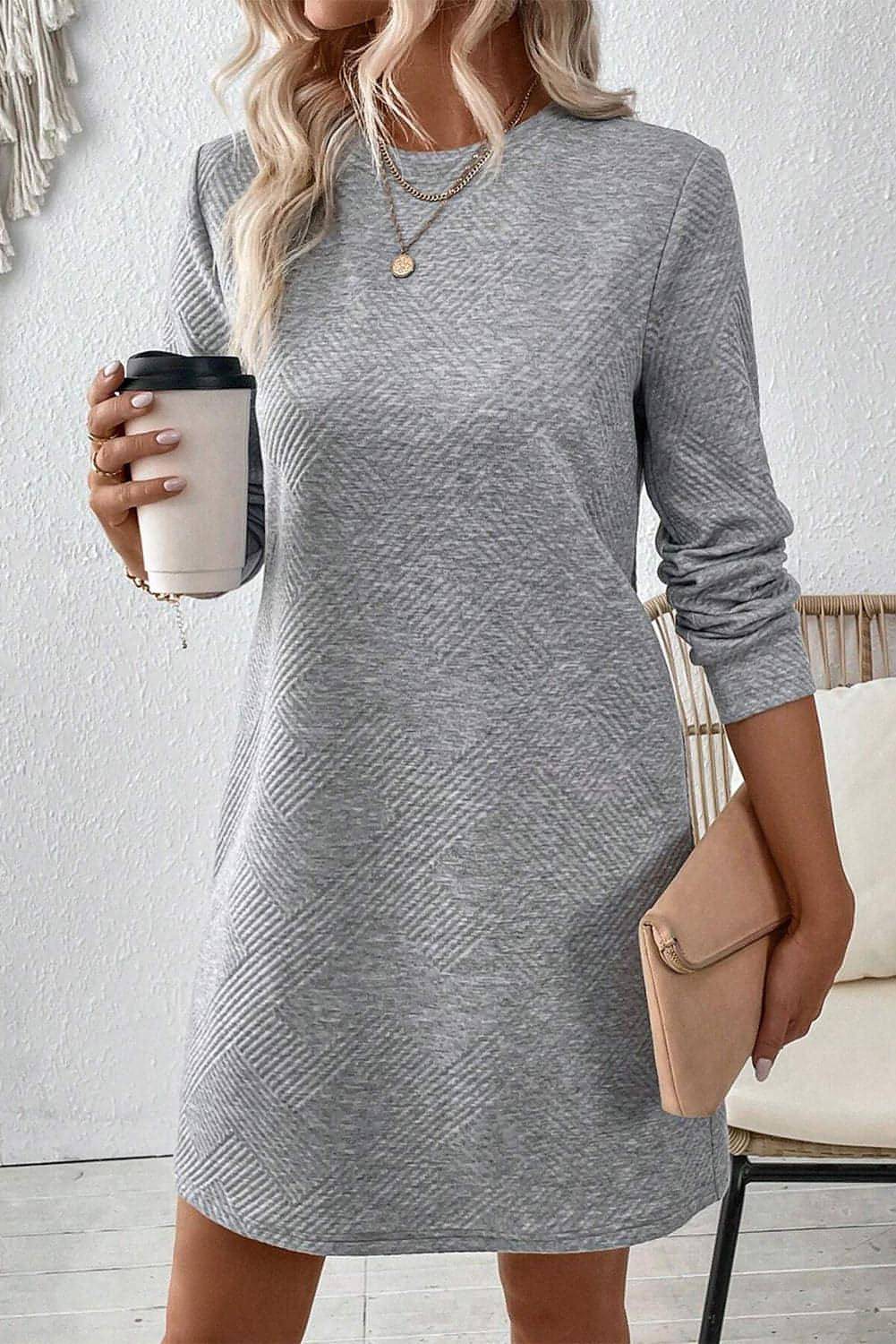 Gray Carmine Juneberry long sleeve shift dress with textured solid fabric, showcasing a relaxed, comfortable fit.