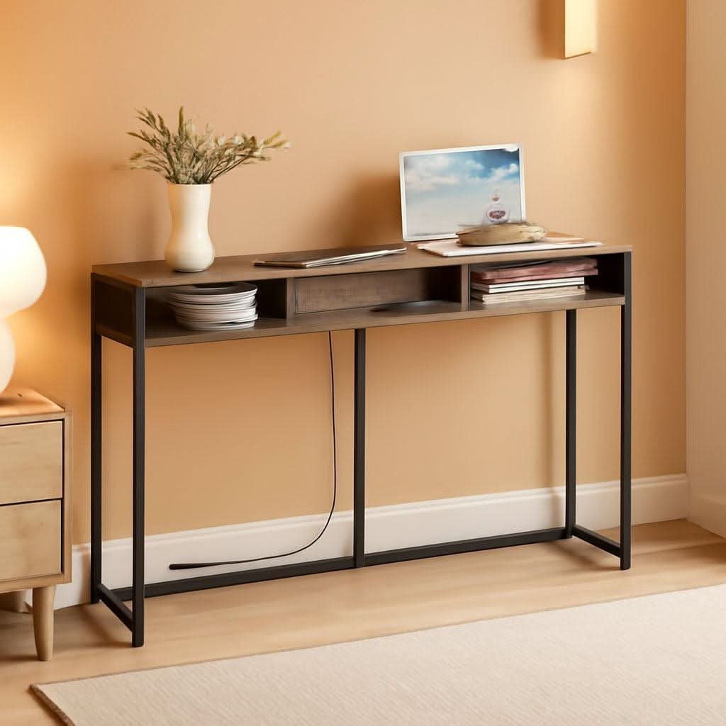 55 Inch Two Tone Ultra Slim Console Table With USB Charging Outlets