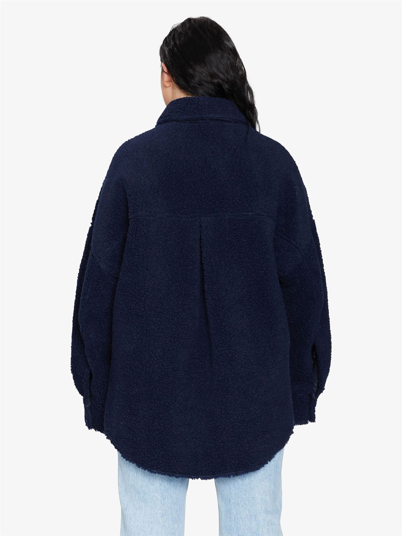 Rose Eleusis oversized patch pocket borg teddy shacket with a cozy, plush exterior and relaxed fit, perfect for casual layering.