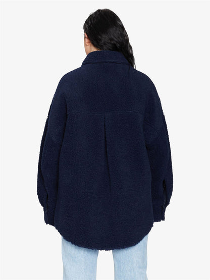 Rose Eleusis oversized patch pocket borg teddy shacket with a cozy, plush exterior and relaxed fit, perfect for casual layering.