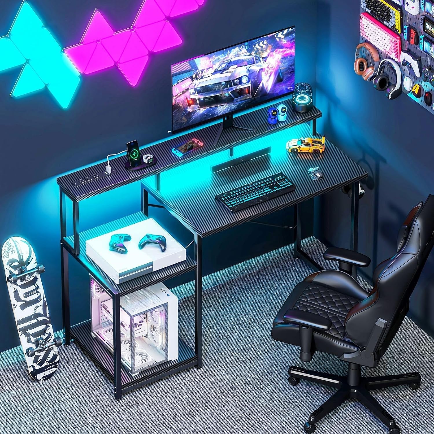 48-inch Peach Maple LED gaming desk with power outlet and shelves, modern furniture designed for gaming and work setups.