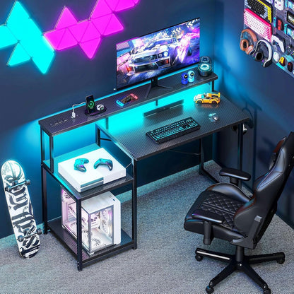 48-inch Peach Maple LED gaming desk with power outlet and shelves, modern furniture designed for gaming and work setups.