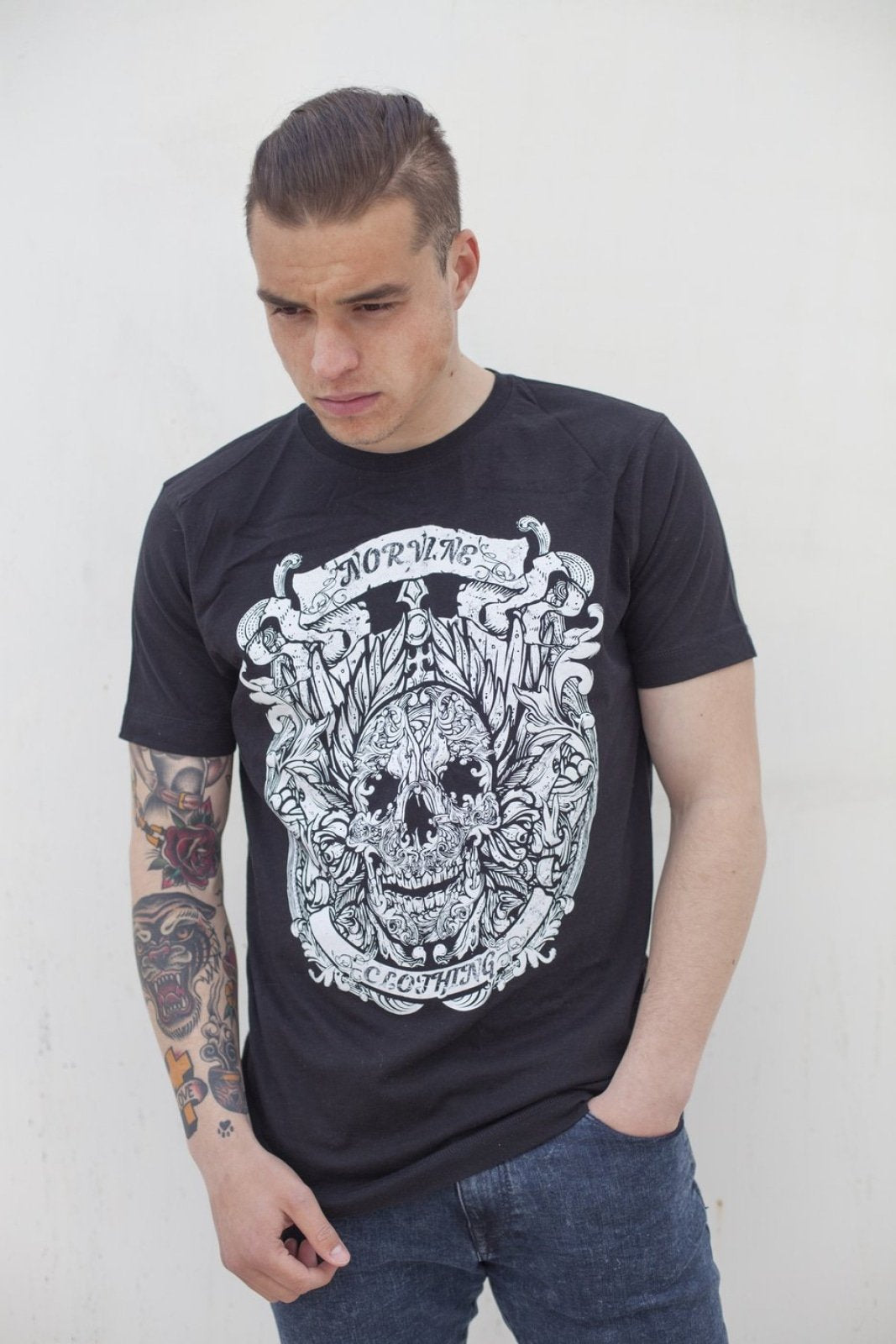 Callisto Norvine Caesar Skull T-shirt featuring a graphic print of a skull inspired by ancient Roman imagery.