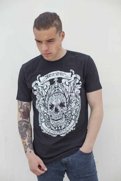 Callisto Norvine Caesar Skull T-shirt showing a detailed skull graphic on black cotton fabric.