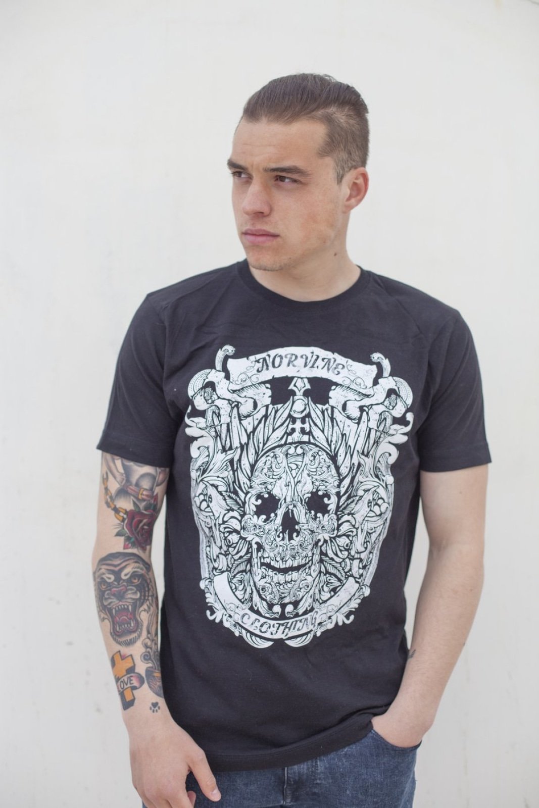 Callisto Norvine Caesar Skull T-shirt featuring a bold skull graphic on a black cotton tee.