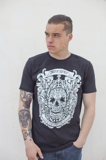 Callisto Norvine Caesar Skull T-shirt featuring a bold skull graphic on a black cotton tee.